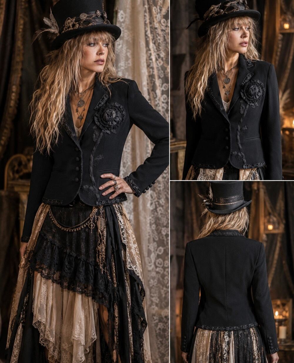 VTG Y2K Moschino Cheap & Chic Blazer Small Black Floral Applique Boho Steampunk